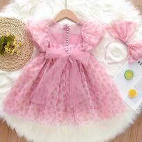 Little Girls Princess Puffy Chiffon Summer Dress Kids Casual Children Dress 90cm rožinė