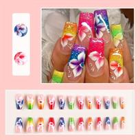 24pcs Mid-length Ballerina Shape Press On Nails, Fake Nail With Colorful Flower Design Decor, Glitter Full Cover Nails For Women Imported ABS