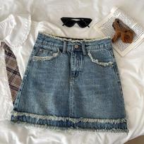 Classic Versatile Youthful Raw Edge Bustier Design Sense Retro High Waist A-line Package Hip Short Skirt Ladies Summer Fashion Denim Short Skirt S mėlyna