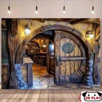 2D Medieval Tavern Hobbit Door Backdrop for Halloween & Fantasy Party 70.9x43.3inch/180*110cm black