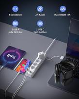 4 krypčių maitinimo juosta, plokščias kištukas su usb ir type-c, 3680 w maitinimo juosta, skirstomoji rozetė su jungikliu, 16 a daugialypės rozetės biurui, 2 m ilginamasis laidas, balta