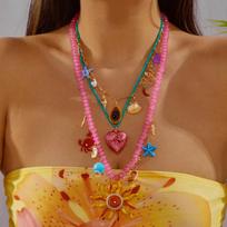 Dopamine Heart Star Flower Multi Layer Pendant Necklace for Women Exaggerated Sun Shell Clavicle Chain Party Jewelry Gift