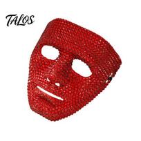 Halloween Mask for Dancing Rhinestone Full Face Mask, Sparkly Masquerade Comfortable Dance Performance, Lightweight Hip Hop Party Stage Prop raudona