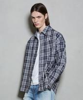 Burkeru Cotton Bleach Washed Check One-Pocket Shirt Navy Navy_M