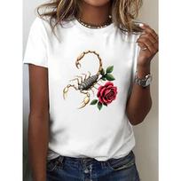Women's Scorpion and Rose Print T-Shirt - Short Sleeve Crew Neck Top with Scorpion & Rose Graphic, S balta