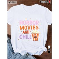 Women'S Plus Size Horror Movies & Chill Popcorn Graphic T-Shirt - Black with Pink Lettering & Spooky Icons S balta