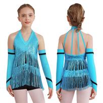 Complete Girls Latin Jazz Performance Set: Halter Sleeveless Sequin Leotard with Strappy Back & Matching Gloves 5-6 Years šviesiai mėlyna spalva