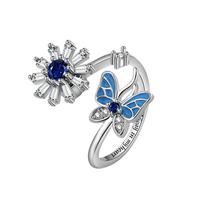 Sweet Butterfly & Flower Adjustable Fidget Engagement Ring For Women Shiny Crystal Anxiety Relief Spinning Ring Jewelry Gifts resizable