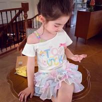 Girls Dopamine Sweet Spliced One Shoulder T Shirt Big Kids Summer Versatile Fashionable Top 120