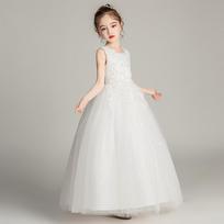 Kids Girls Long Puffy Tulle Princess Wedding Party Performance Dress 120cm balta