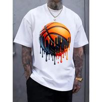 Men's Basketball T-Shirt Compatible for Fans - Melted Basketball & Dripping Effects Design, Loose Fit Short Sleeve Shirt with Digital Print M