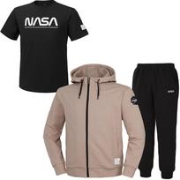 Nasa Unisex Sweat Hoodie Zip-Up Jacket + Jogger Pants + Short Sleeve T-Shirt 3-Piece Set [Beige + Black + Black] 95