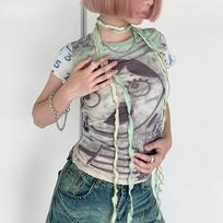 Grunge Aesthetics Tinklinės viršūnės Y2k Cyber ​​Graphic marškinėliai Harajuku Fairycore Bandage Crop Top 2000 E-girls Permatomos palaidinės S žalia