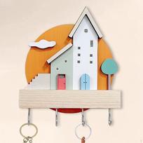 Wooden Key Holder Coat Hook Sturdy Decorative Modern with 4 Hooks Hanger Hat Rack for Home orange