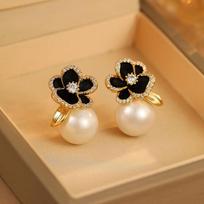 Black Rose 3D Flower Earrings Zircon Pearl Stud Elegant Simple Jewelry For Women