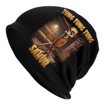 Tung Tung Tung Sahur Italian Brainrot Skull Cap  Unisex Hip Hop Beanie with Cartoon Character Design Black Polyester Knit Hat One Size