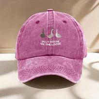 Adjustable Baseball Cap with Silly Goose on the Loose Graphic  Black with White Geese Design Breathable Textile Fabric