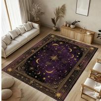 Karališkos violetinės spalvos bohemiškas mėnulio ir žvaigždžių kilimas Mistinis kosminis dizainas su auksiniais dangaus raštais Kilimas svetainei, miegamajam 40cm x 60cm