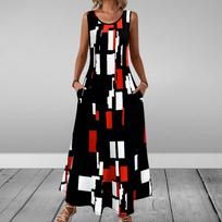 New, Summer Crew Neck Sleeveless Slim-Fit Elegant Printed Bagged Dress S