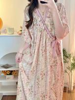Elegant Monet Garden Short-Sleeve Women's Robe - Long Nightgown, Pajamas, Bathrobe, Loungewear, Cloud Cotton Round Neck One Size (M-2XL)