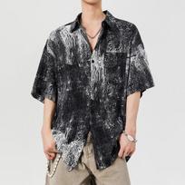 Men's Vintage Distressed Abstract Print Oversized Short Sleeve Button Down Shirt Casual Streetwear Top S juoda