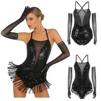 S-XXL Women Latin Tango Rumba Cha-Cha Samba Performance Costume Cross Back Sparkling Sequins Fringed Leotard with 1 Pair Gloves M juoda