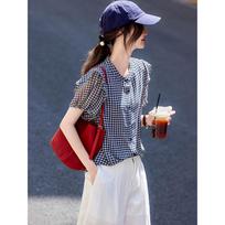 Women's Plaid Puff Sleeve Stand-up Collar Shirt S tamsiai mėlyna spalva