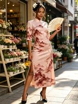 ew Chinese Style Cheongsam, Oriental Landscape Print Mandarin Collar Three Quarter Sleeve High Slit Midi Dress XXS