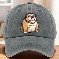 Bulldog Graphic Washed Baseball Cap Funny Dog Print Adjustable Denim Hat for Unisex One Size