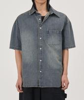 X Container Damaged Washed Denim Half Shirt (Fade Blue) Fade Blue/Xl