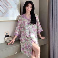 Wind Pajamas Skirt Women'S Spring Summer Tulip Print Short-Sleeved Nightdress Casual Loungewear M
