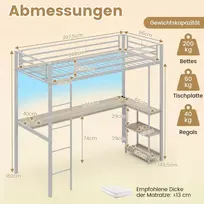 Costway Loft lova 200 x 90 cm su LED įkrovimo stotimi, saugojimo vieta, apsauginė tvorelė ir kopėčios, sidabrinė