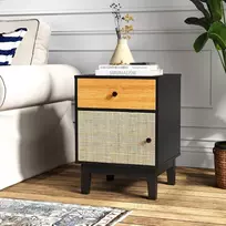 Costway Boho rotango naktinis staliukas su medinėmis kojomis, juodas