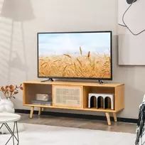 Costway TV staliukas su rotango stiklinėmis slankiojančiomis durimis natūralus
