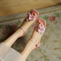 Summer casual sandals comfortable beef tendon soft sole open-toed sandals leather flower square head medium heel large size new thick heel 33 rožinė