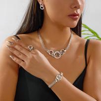 Light Luxury Geometric Circle Zircon Jewelry Set For Women Shiny Rhinestone Necklace Bracelet Earrings Ring Bride Wedding Gifts black