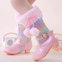 Klasikiniai vaikiški sniego batai Mergaitėms Spalvotos blizgučiai Mielas pomponas Kaspinas Šoninis užtrauktukas Princesės batai Ruduo Žiema Pliušiniai Šilti batai 26 insoles 16.7cm rožinė