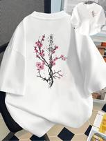 Sakura Samurai Katana Graphic T Shirt Double Sided Japanese Kanji Print Harajuku Vintage Unisex Loose Short Sleeve Tops M