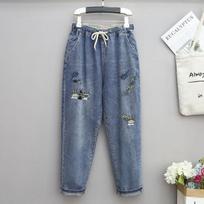 Women Fashion Korea Style Cartoon Cat Embroidery Baggy Elastic Waist High Waist Denim Cropped Pants Female Harem Jeans 6XL