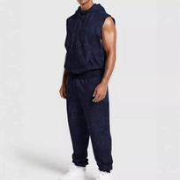Men Vintage Wash Two Piece Tracksuit Sleeveless Drawstring Hooded Vest Elastic Waist Jogger Pants Daily Streetwear Casual Matching Loungewear Set S tamsiai mėlyna spalva