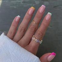 French Fake Nials Green Yellow Colorful Edge Nail Tips Fashion Press on Nails  Women Girls W1150