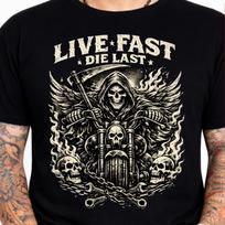 Live Fast Ride Hard Grim Reaper Biker T-Shirt Skull Motorcycle Graphic Tee Gift. S