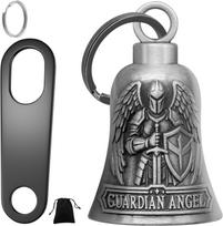 St. Michael Motorcycle Bell Guardian Angel Gremlin Biker Bells for Luck with Motorcycle Bell Hanger, 2 Key Chain Ring Accessories, Velvet Pouch
