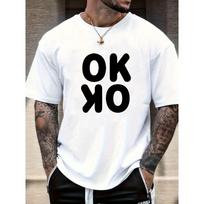 European Size Men's Oversized OK Letter Print T-Shirt - Beige with White Bold OK Lettering, Round Neck Short Sleeve Summer Casual Tee,Everyday Shirt S balta