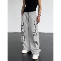 Men's Wide Leg Black Sweatpants Featuring White Tribal Flame Patterns, Relaxed Fit, Drawstring Waist Urban Fashion Streetwear Essential S