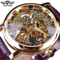 Winner Men's Double-Sided Skeleton Mechanical Watch, Gold Case with Brown/Red Strap. gray