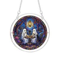 Acrylic Hanging Suncatcher Halloween Puzzle Ornament, Stained Glass Style Window Hangings, Wall Ghost Art Pendant with Metal Chain for Gothic S A