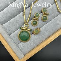 Vintage Copper Plated Real Gold Bamboo Green Dongling Inlaid Pendant Long Necklace Bracelet Ring Stud Earrings Set ring