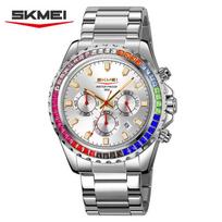 Fashion Colored Diamond Men's Quartz Watches Chronograph Luminous Ssttel Strap Waterproof Watch Clock Males Gifts sidabras/balta