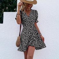 Summer retro sweet ruffle edge floral dress S juoda